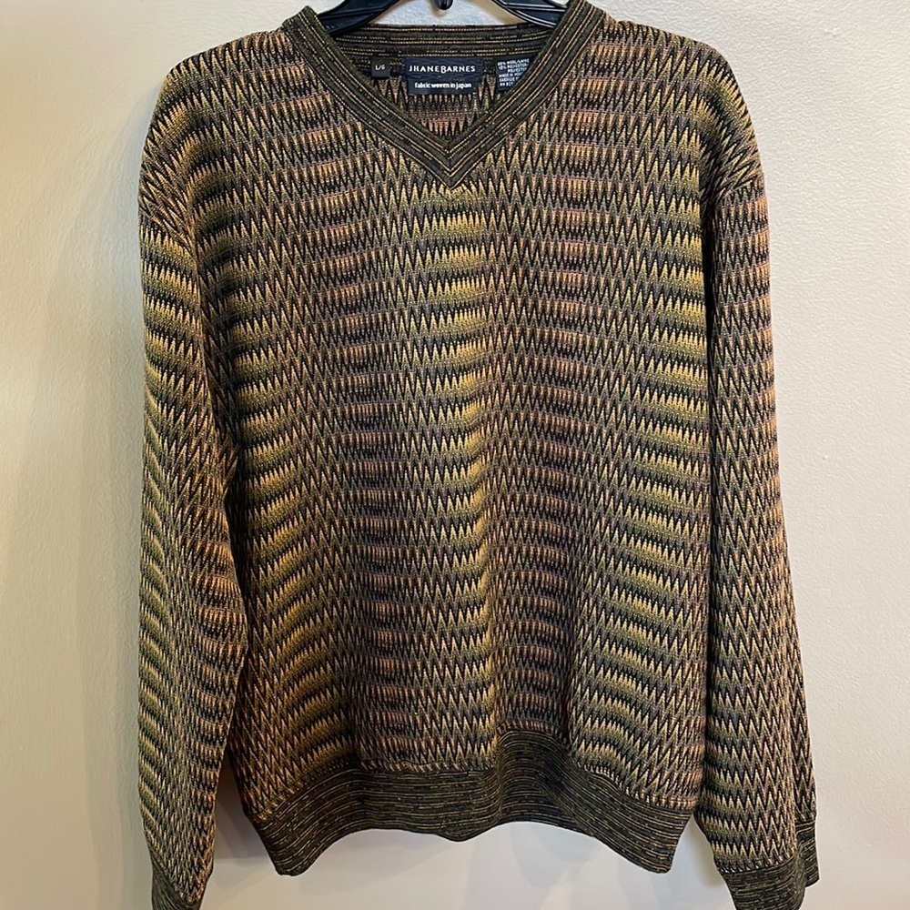 JHANE BARNES wool blend V neck knit sweater /micro Chevron ribbed lightweight L